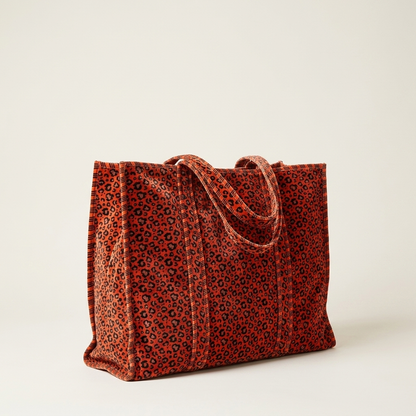 Velvet Leopard Tote in Orange — product shot on clean studio backdrop — handmade in Rajasthan by Conscious Yoga Collective