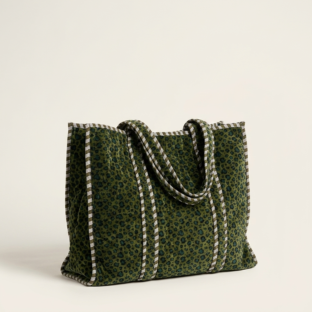 Velvet Leopard Tote in Green — product shot on clean studio backdrop — handmade in Rajasthan by Conscious Yoga Collective