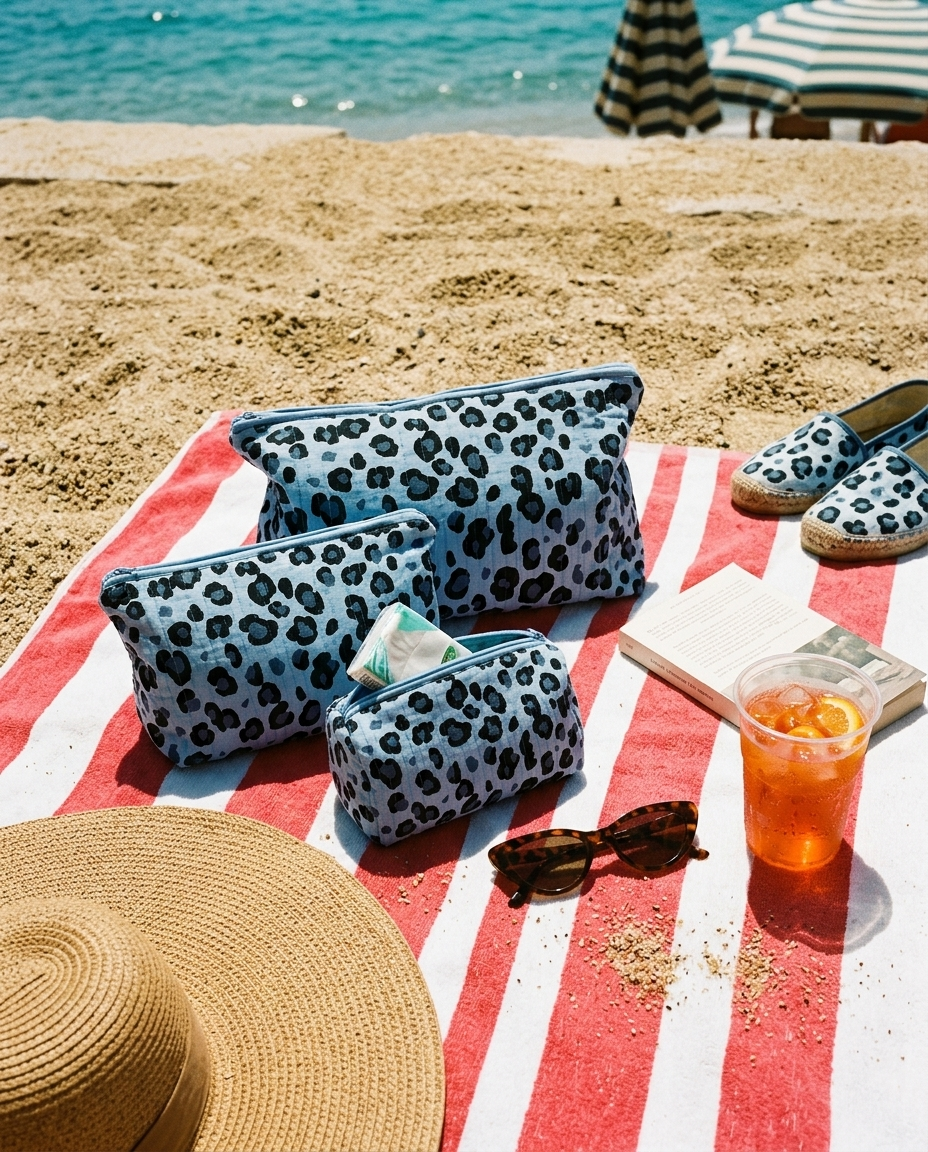 Beach towel flat lay on golden sand with the Leopard Travel Set in Blue — handmade in Rajasthan by Conscious Yoga Collective