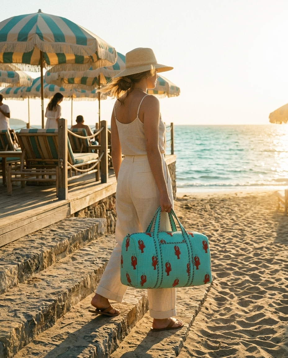 Golden hour stone beach steps descent with the Lobster Weekender in Turquoise hand-carried — handmade in Rajasthan by Conscious Yoga Collective