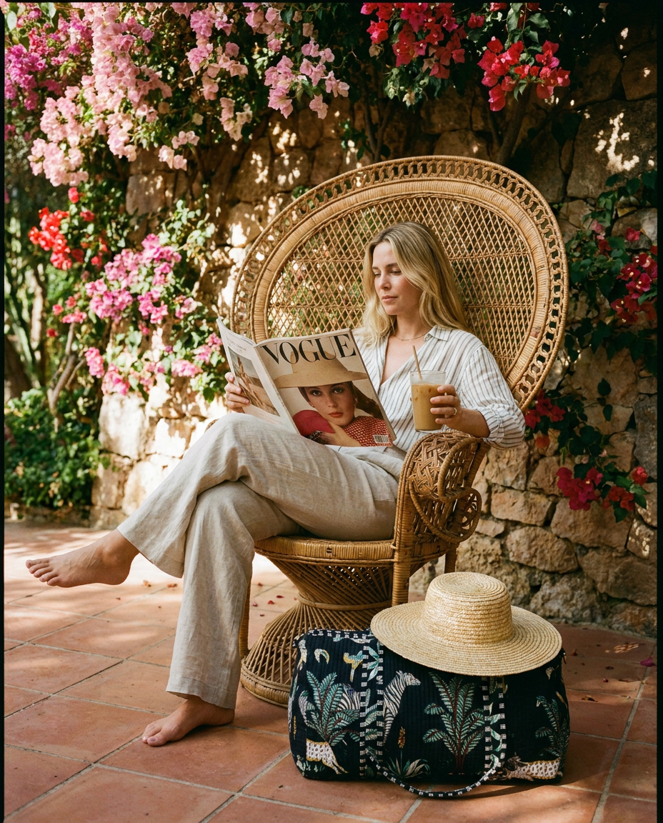 Bougainvillea garden peacock chair reading with the Jungle Weekender in Black at the foot of the chair — handmade in Rajasthan by Conscious Yoga Collective
