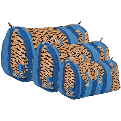 Tibetan Tiger 3 Piece Travel Set in blue striped cotton, a handmade, ethically made travel pouch set from Rajasthan, three sizes on a white backdrop.