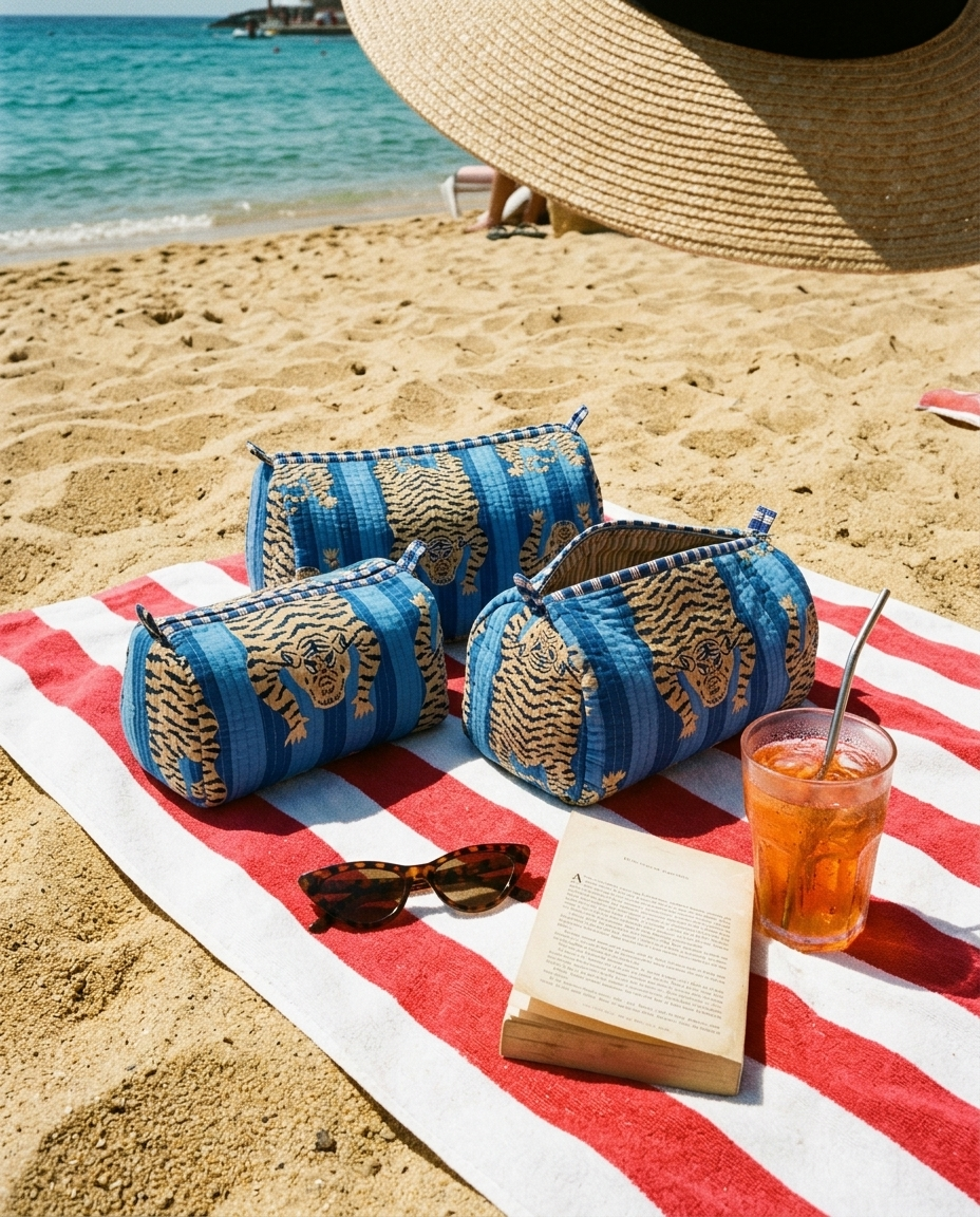 Tibetan Tiger 3 Piece Travel Set in blue cotton, handmade and ethically made in Rajasthan, travel pouch set on a red striped towel with the sea behind.