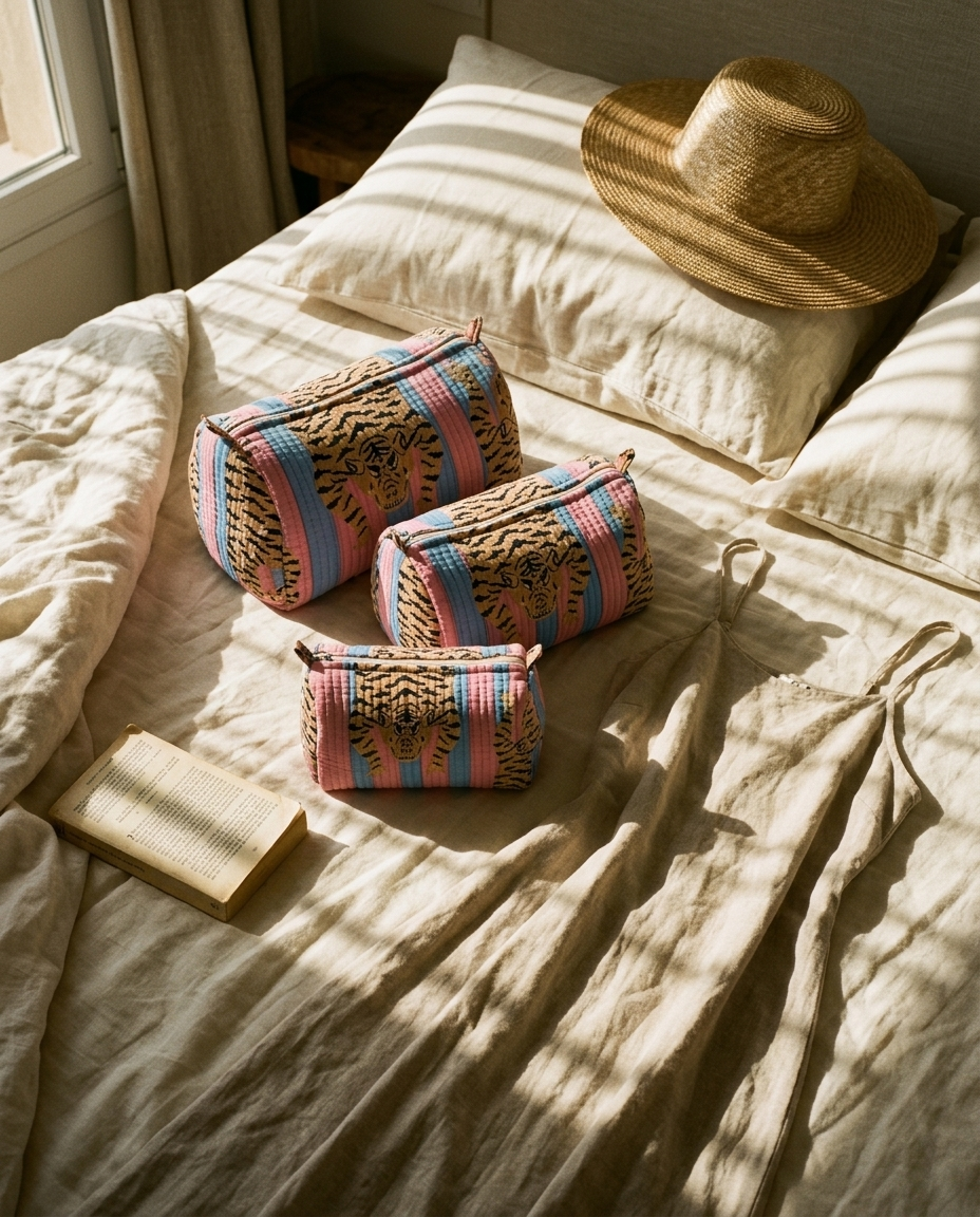 Tibetan Tiger 3 Piece Travel Set in pink and blue cotton, a handmade, ethically crafted travel pouch set from Rajasthan, on bed linen by a sunny window.