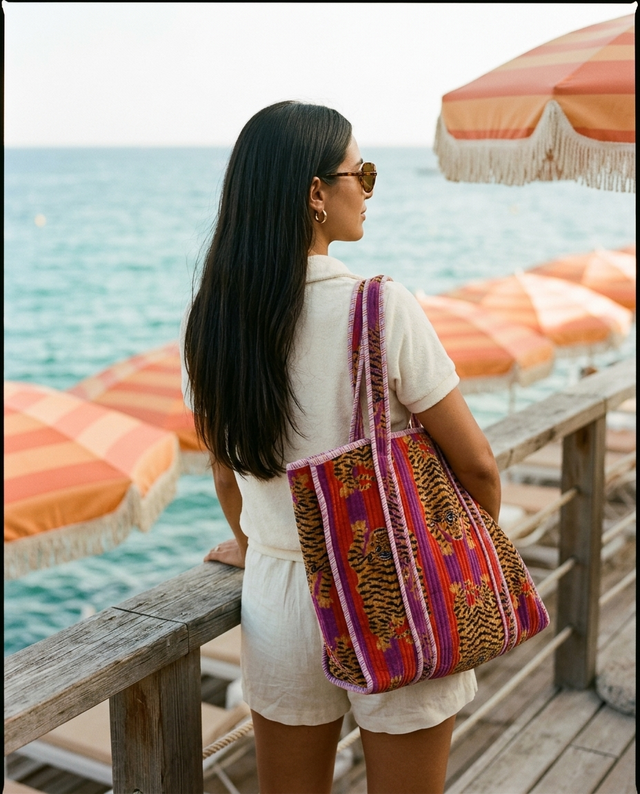 The Tibetan Tiger Tote in Velvet — quilted cotton velvet tiger print tote bag, Conscious Yoga Collective