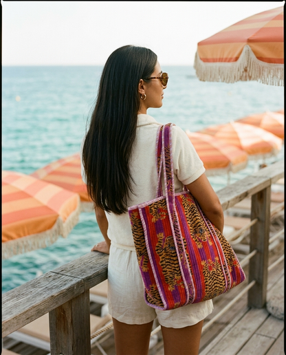 The Tibetan Tiger Tote in Velvet — quilted cotton velvet tiger print tote bag, Conscious Yoga Collective