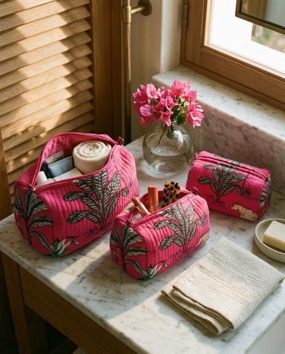 The Jungle 3 Piece Travel Set — hand-block-printed cotton travel pouches in jungle print, Conscious Yoga Collective