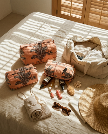 The Jungle 3 Piece Travel Set — hand-block-printed cotton travel pouches in jungle print, Conscious Yoga Collective
