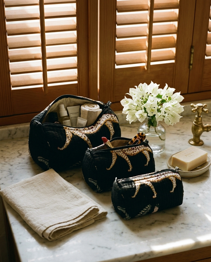 The Jungle 3 Piece Travel Set — hand-block-printed cotton travel pouches in jungle print, Conscious Yoga Collective