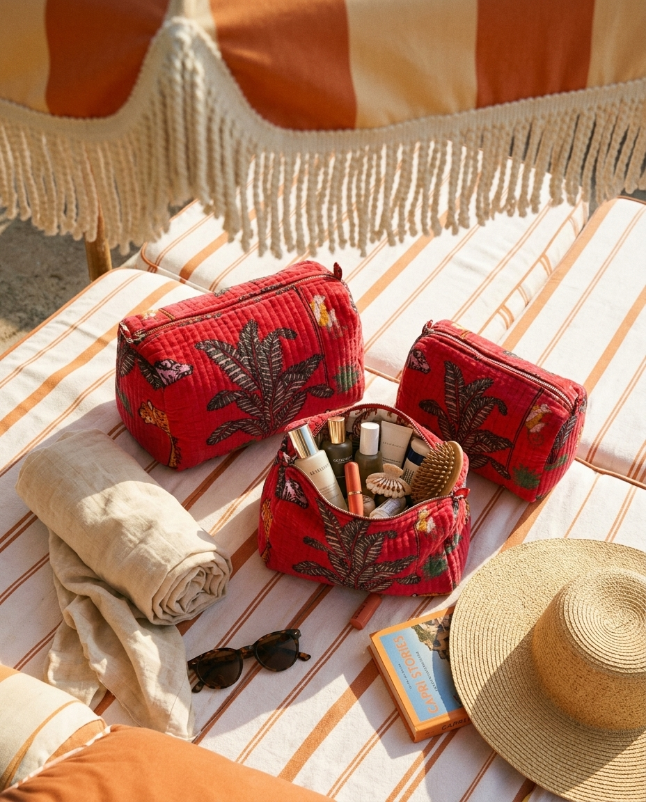The Jungle Velvet 3 Piece Travel Set — quilted velvet travel pouches with bold jungle print, made in Rajasthan, India