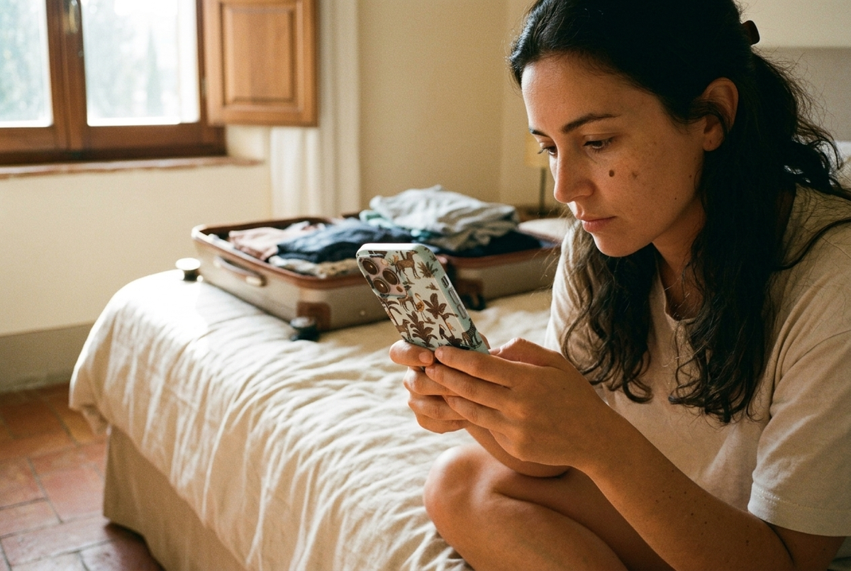 The Jungle iPhone Case in Duck Egg held cross-legged on a rumpled cream linen hotel bed mid-text