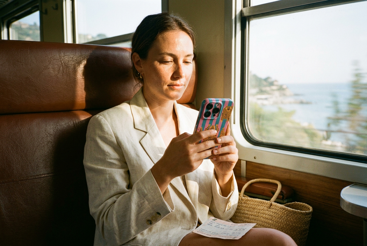 The Tibetan Tiger iPhone Case in Pink and Teal held on an Italian regional train with coastline passing