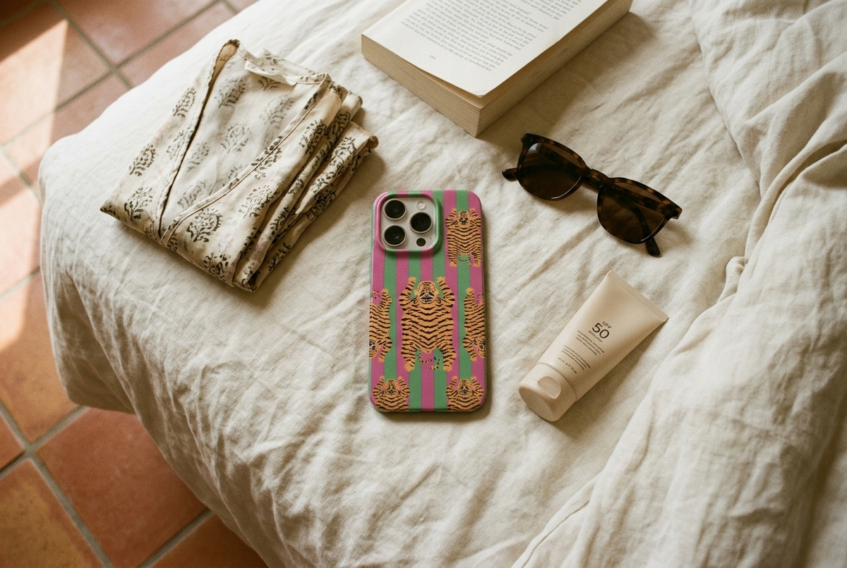 The Tibetan Tiger iPhone Case in Green and Pink laid on rumpled cream linen beside a silk kaftan and tortoiseshell shades