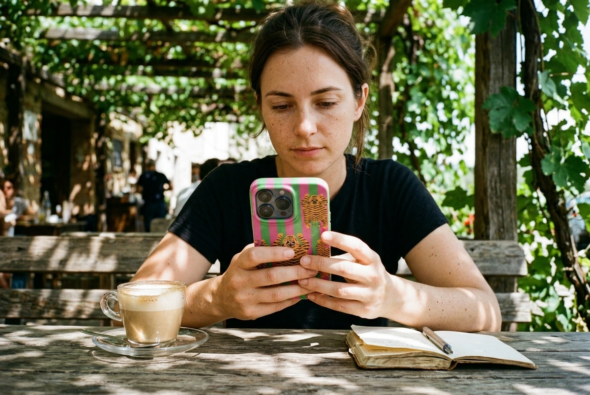 The Tibetan Tiger iPhone Case in Green and Pink held in both hands under a vine-covered pergola at an Italian cafe