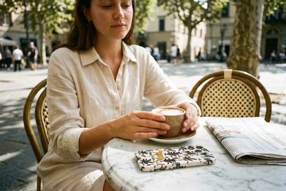 The Jungle iPhone Case in Cream on a sunlit Italian piazza cafe table beside a cappuccino