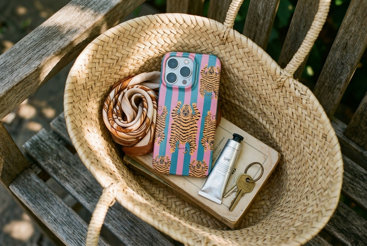 The Tibetan Tiger iPhone Case in Pink and Teal tucked into an open woven straw tote with silk scarf and paperback