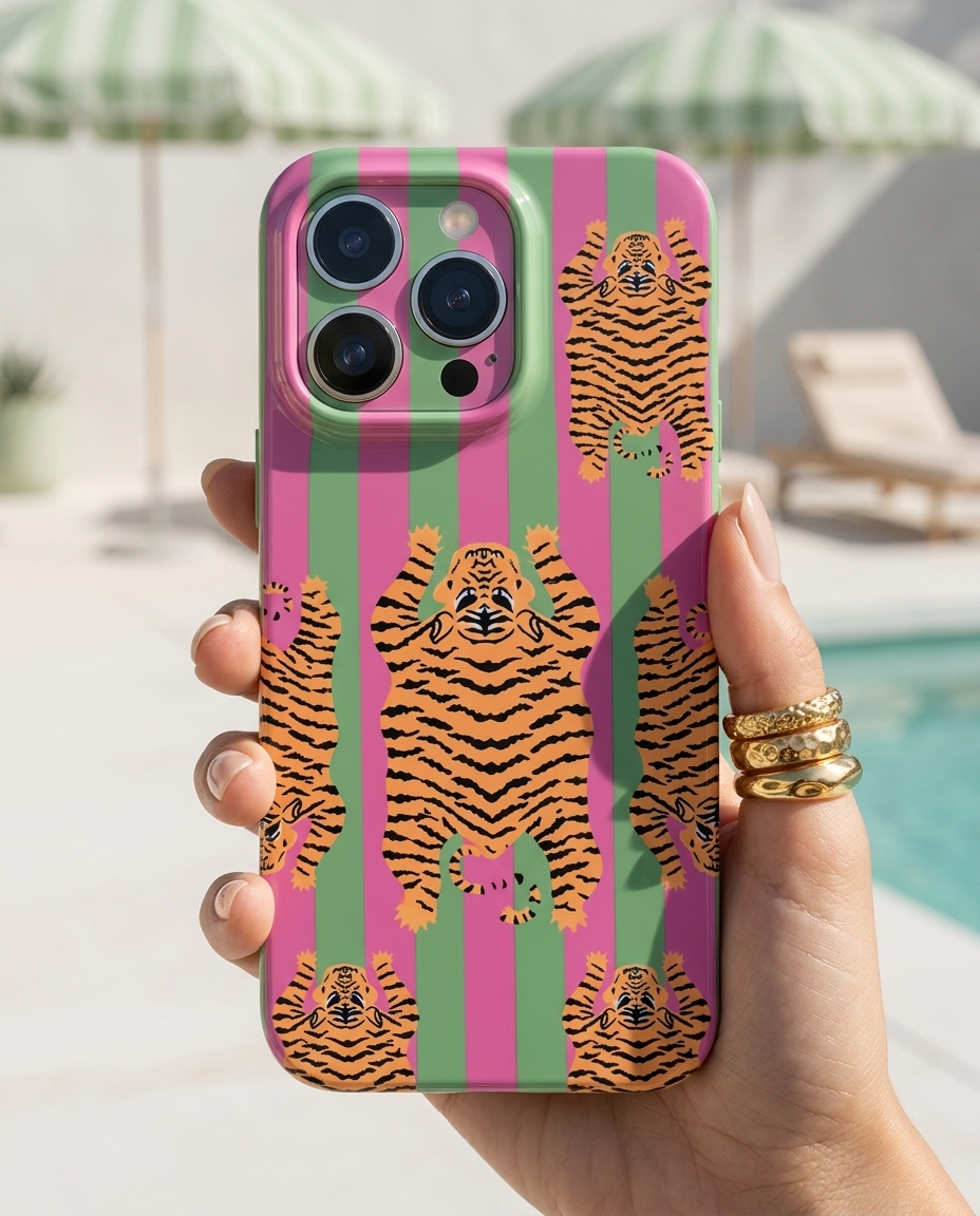 The Tibetan Tiger iPhone Case in Green and Pink in modern editorial poolside shot with pistachio parasols and chalk white concrete