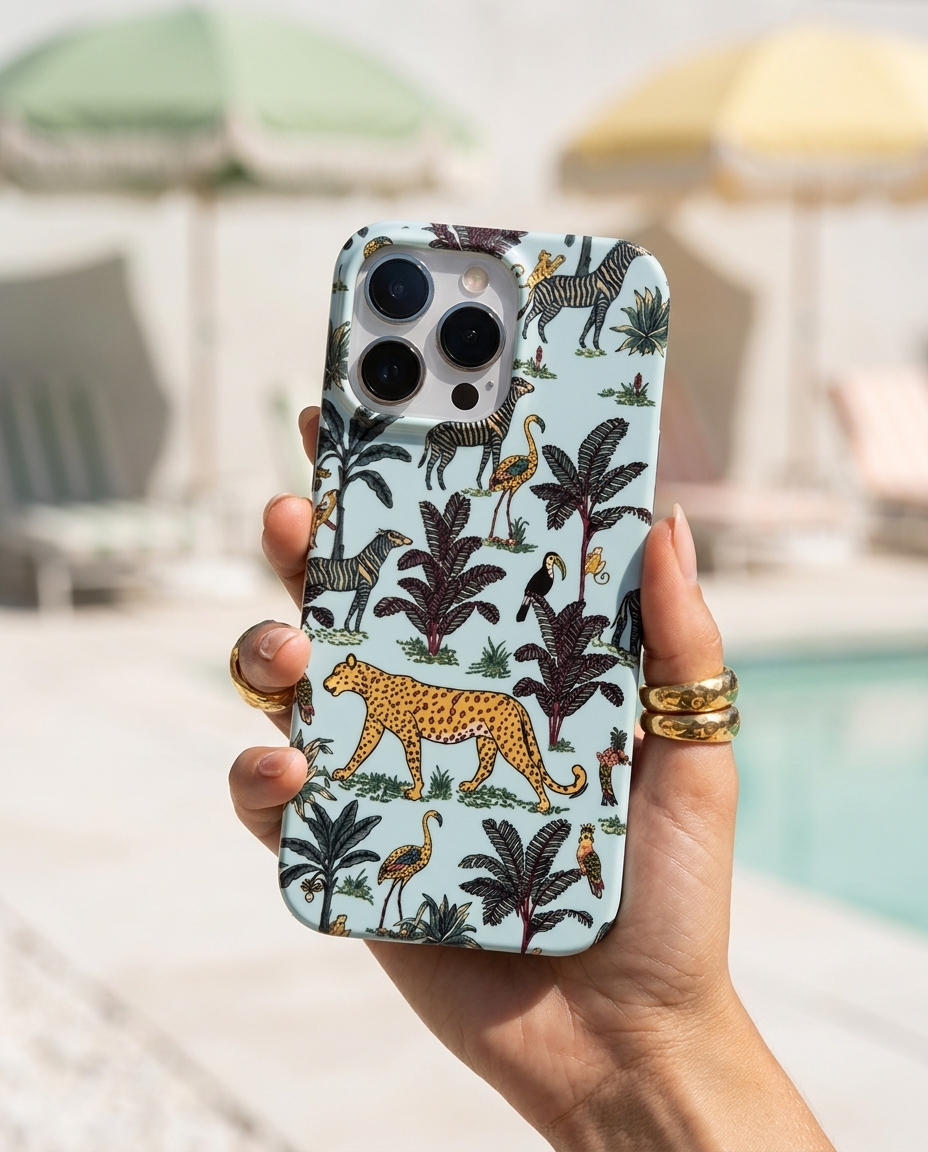 The Jungle iPhone Case in Duck Egg in a modern editorial poolside shot with pistachio parasols and chalk white concrete