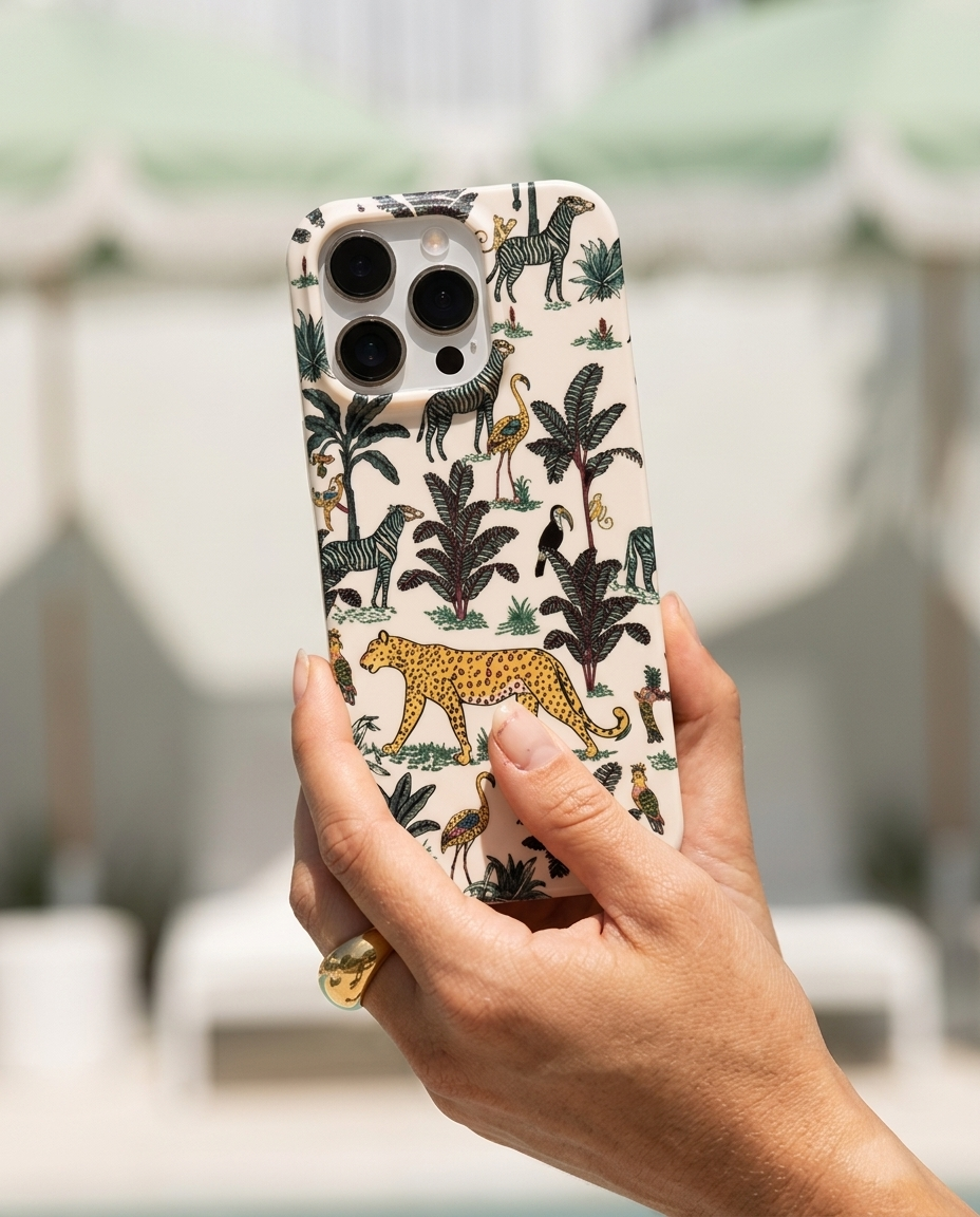 The Jungle iPhone Case in Cream tilted to the sky from a tanned hand with chunky gold dome signet ring