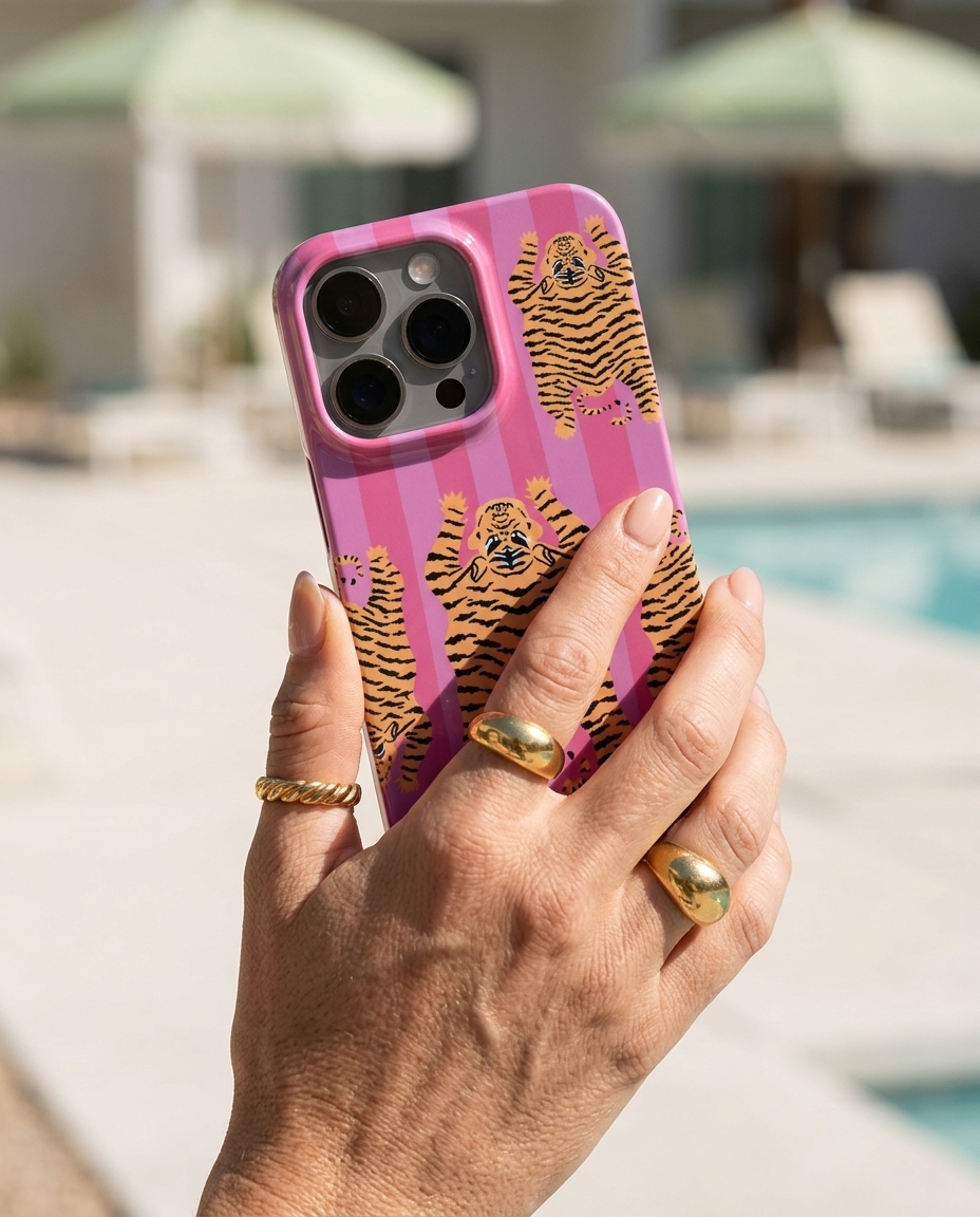 The Tibetan Tiger iPhone Case in Pink held in a sun-tanned hand with chunky gold rings, beach club in soft defocus