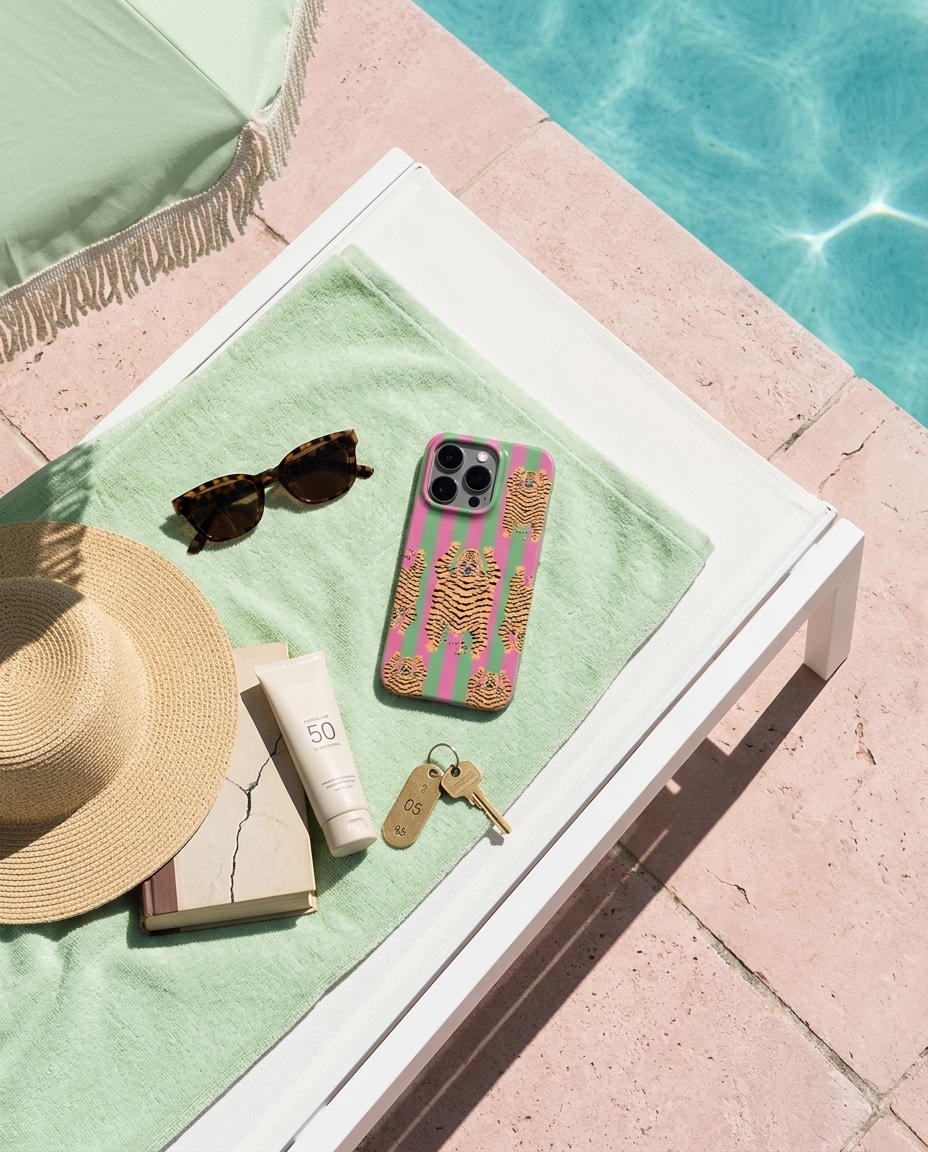 The Tibetan Tiger iPhone Case in Green and Pink in a Slim Aarons overhead flat-lay on a chalk-white sun lounger with straw hat and book