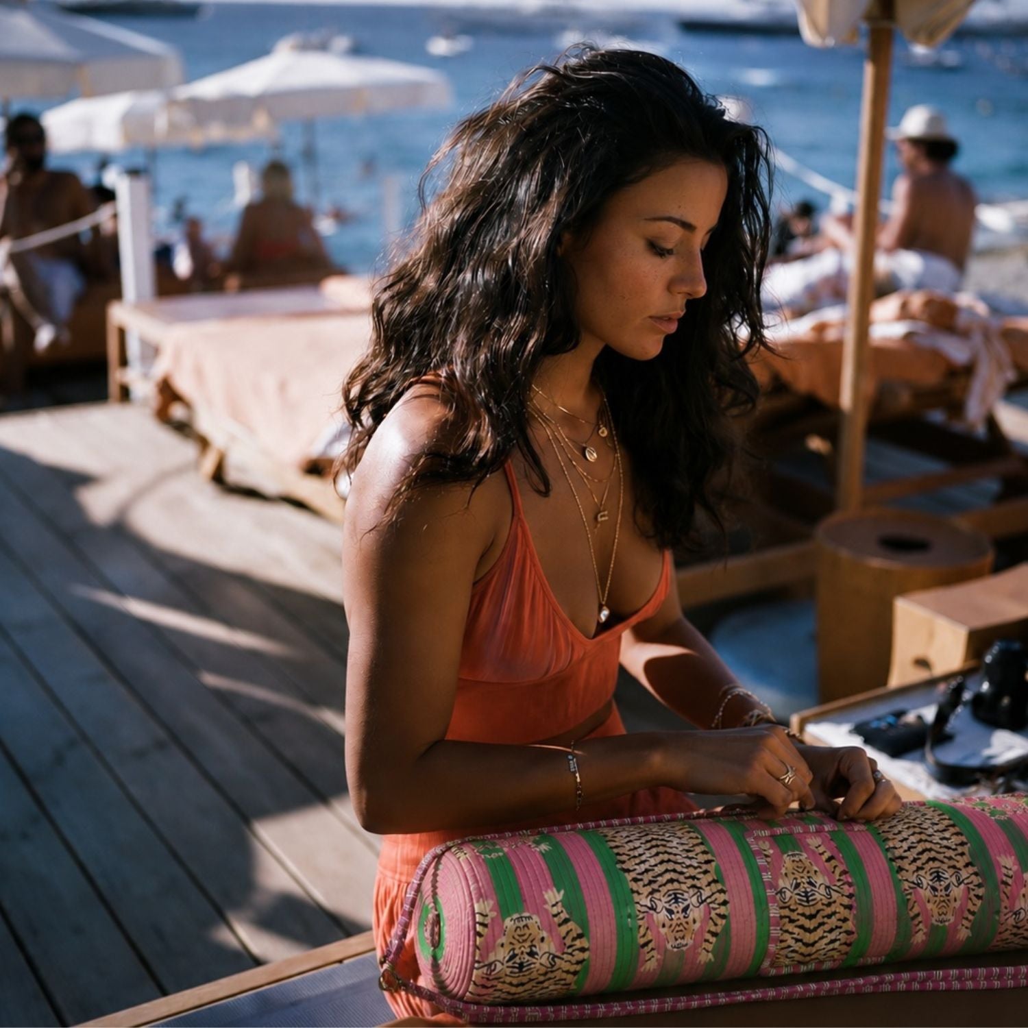 The Tibetan Tiger Yoga Bag in pink and green — handmade, ethically made yoga mat bag in heritage tiger print, hand-block-printed cotton from Rajasthan, India.
