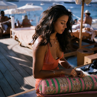 The Tibetan Tiger Yoga Bag in pink and green — handmade, ethically made yoga mat bag in heritage tiger print, hand-block-printed cotton from Rajasthan, India.