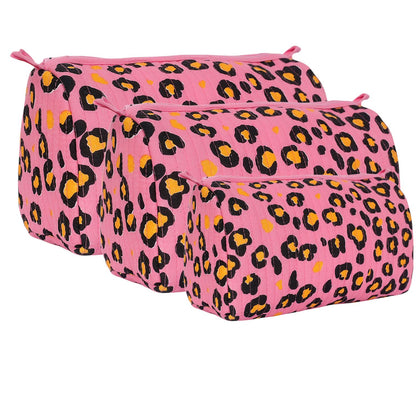 The Leopard Travel Set in Pink — handmade hand-block-printed cotton travel pouch set, made in Rajasthan, India