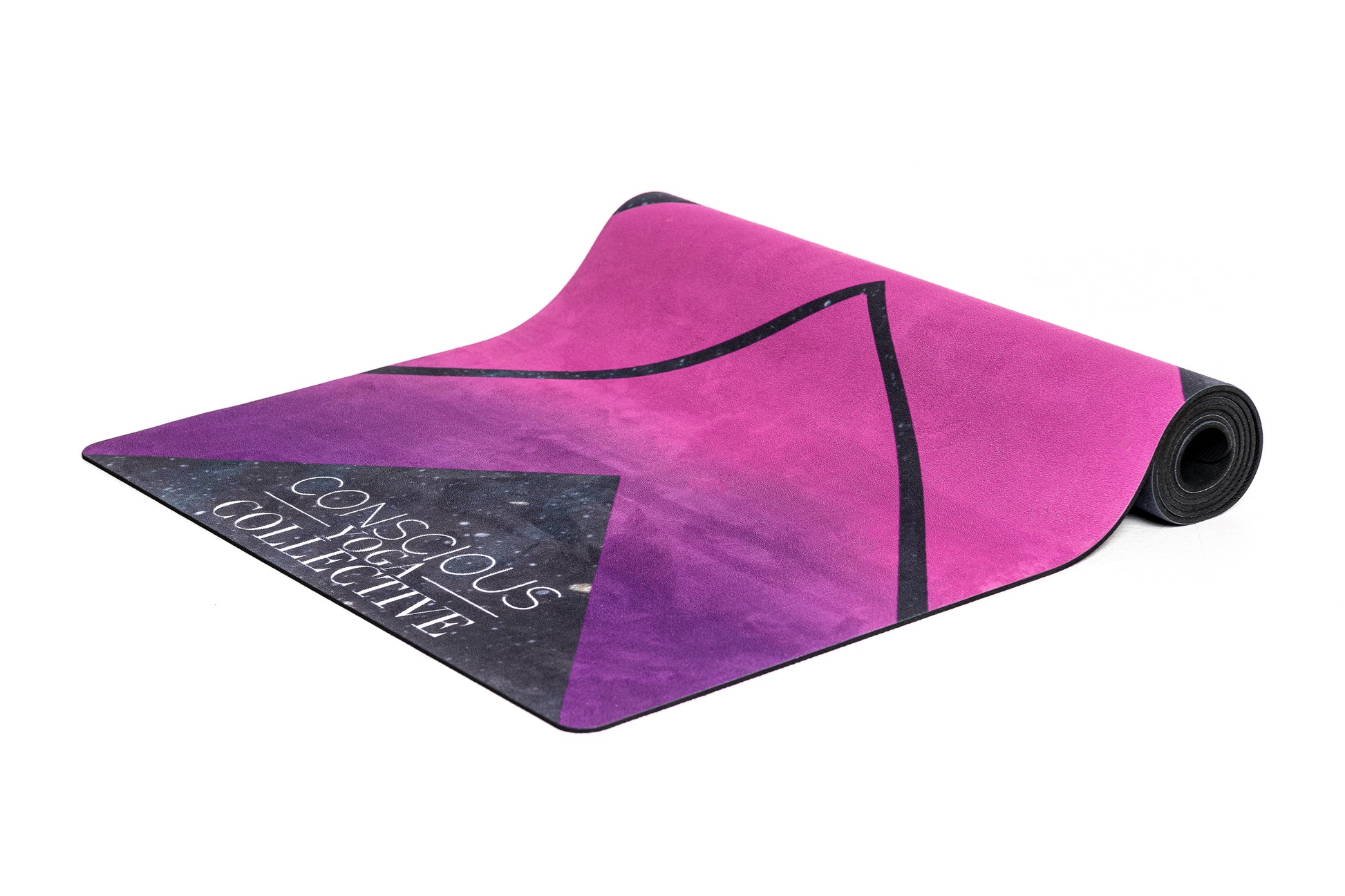 conscious yoga collective yoga mat with neon miami vice themed sun and chevrons and geometric triangles in blue and pink space background 