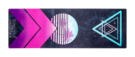 conscious yoga collective yoga mat with neon miami vice themed sun and chevrons and geometric triangles in blue and pink space background 