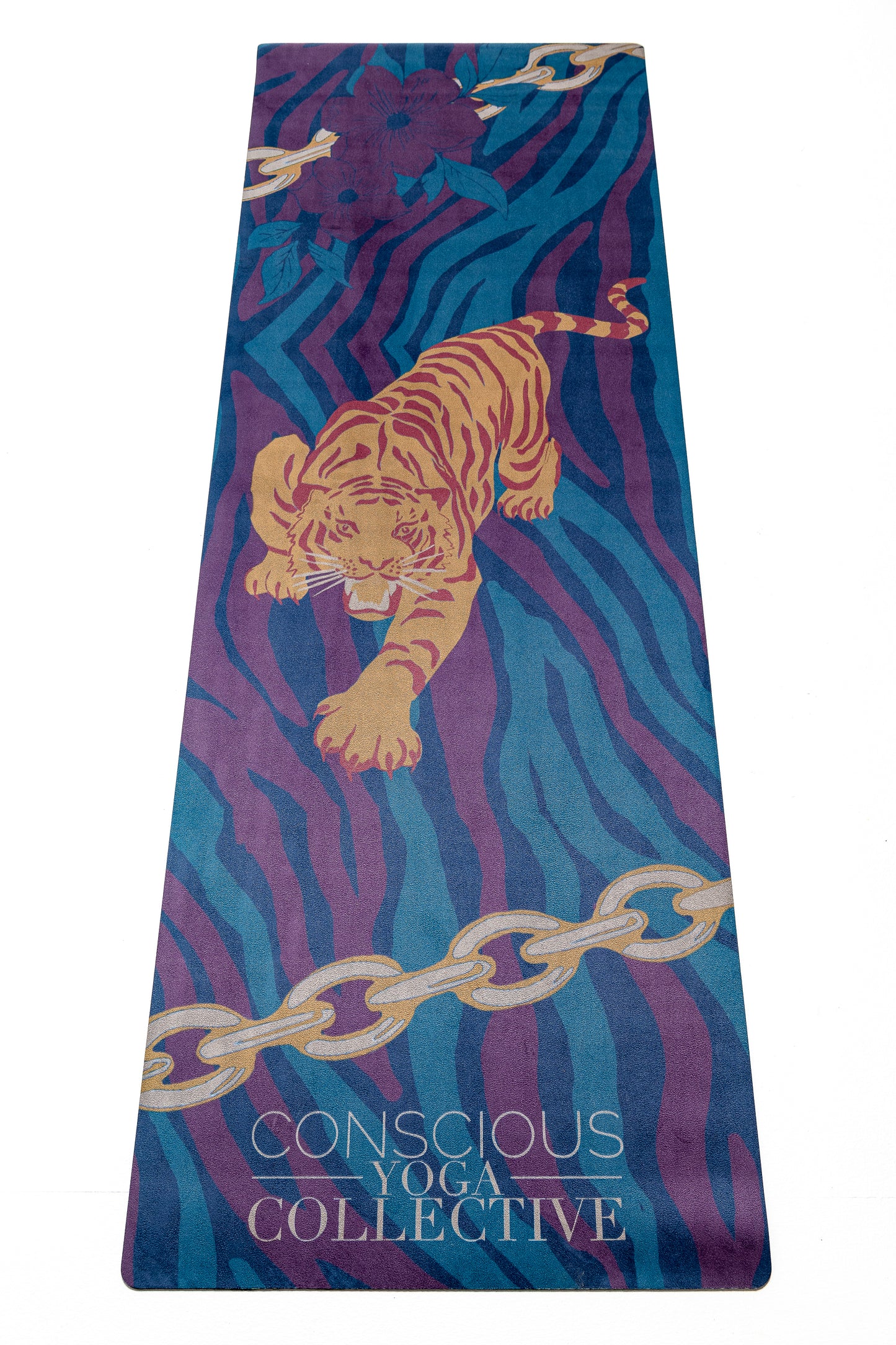 yoga mat with gold navy green maroon zebra print with tiger and chains
