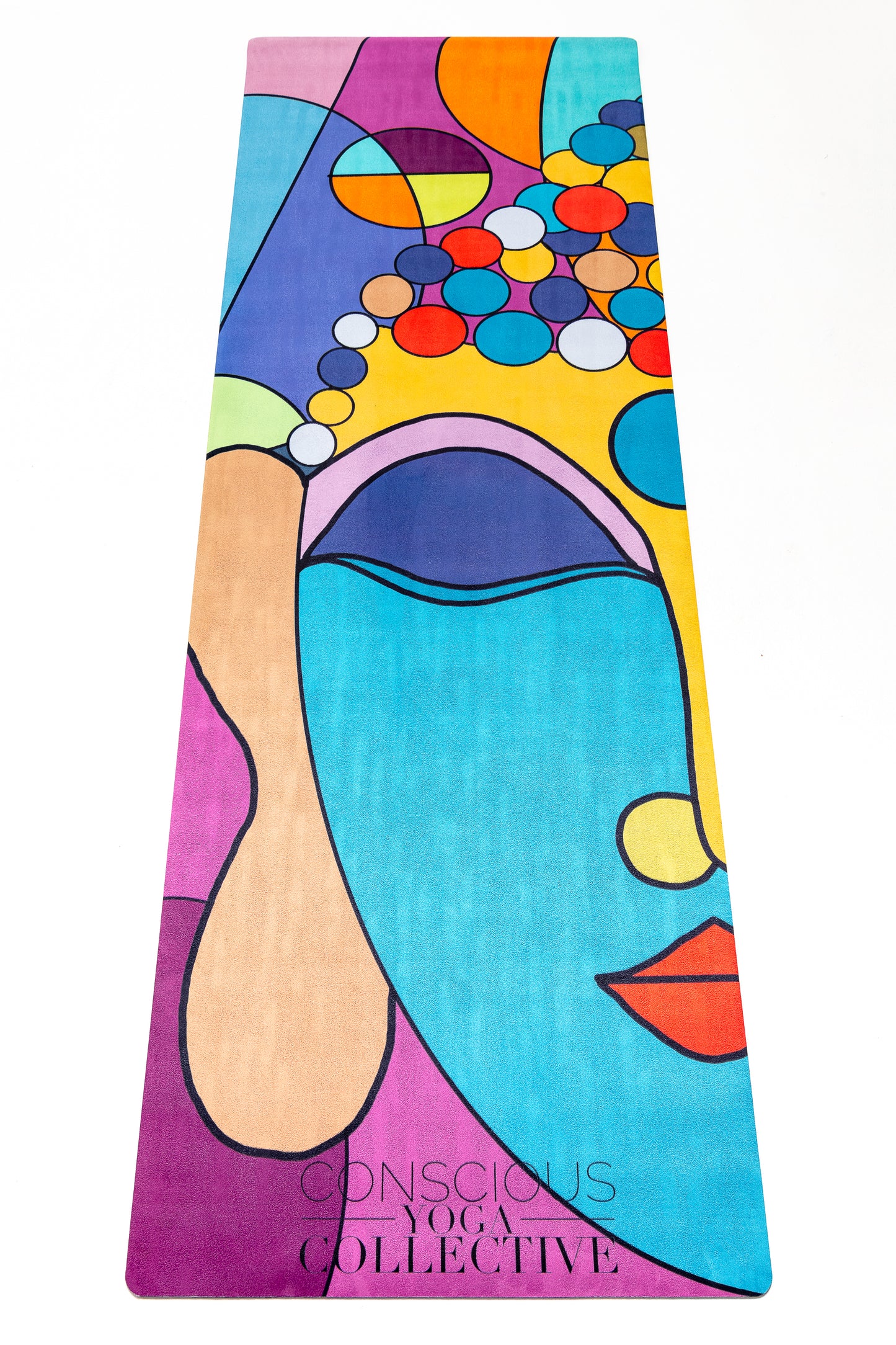 conscious yoga collective yoga mat with  pablo picasso inspired buddha head in pink blue purple yellow orange abstract art